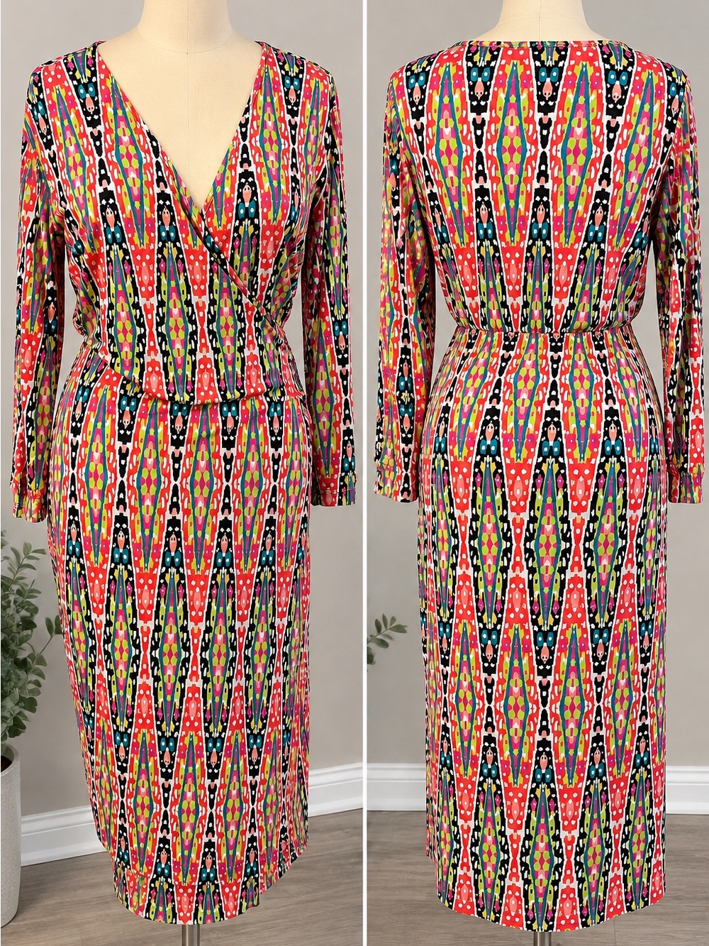16556 .Emma & Michele Women’s Large Multicolor Geometric Faux Wrap Midi Dress